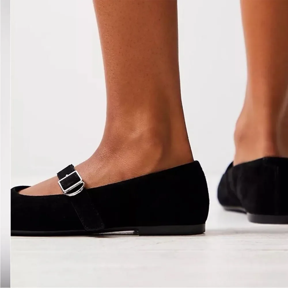 Free People Vagabond Jolin Black Suede Mary Janes Flats Round Toe W Buckle US 10
